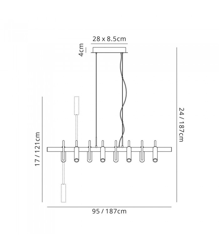 Linear Ceiling Pendant, 8 Light Adjustable Arms, 8 x 4W LED Dimmable, 3000K, 2000lm, Black, Satin Copper - 2
