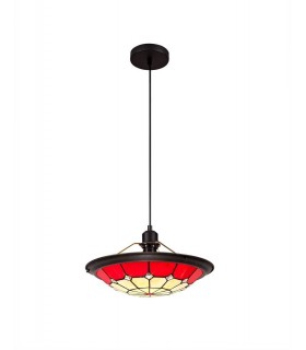 1 Light Ceiling Pendant E27 With 35cm Tiffany Shade, Red, Clear Crystal Centre, Aged Antique Brass Trim, Black - 1
