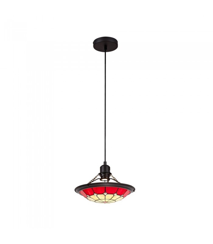 1 Light Ceiling Pendant E27 With 35cm Tiffany Shade, Red, Clear Crystal Centre, Aged Antique Brass Trim, Black - 3