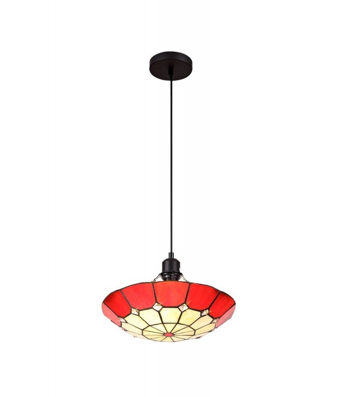 1 Light Ceiling Pendant E27 With 35cm Tiffany Shade, Red, Clear Crystal Centre, Aged Antique Brass Trim, Black - 5