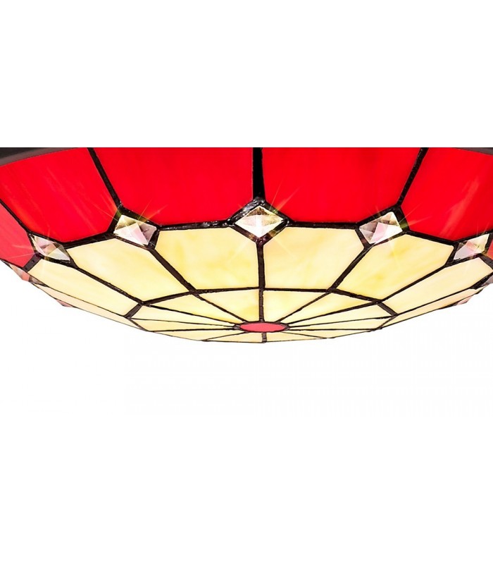 1 Light Ceiling Pendant E27 With 35cm Tiffany Shade, Red, Clear Crystal Centre, Aged Antique Brass Trim, Black - 10