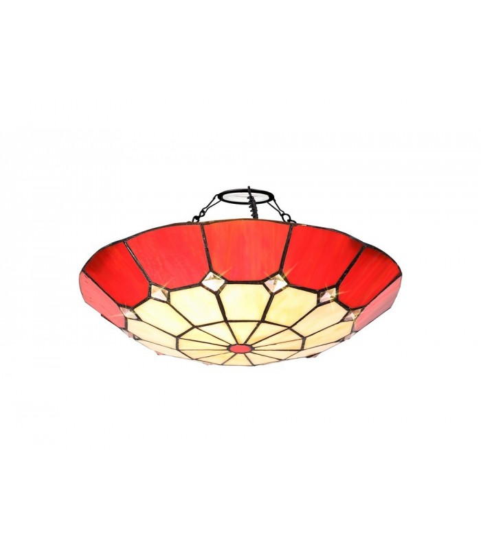 1 Light Ceiling Pendant E27 With 35cm Tiffany Shade, Red, Clear Crystal Centre, Aged Antique Brass Trim, Black - 12