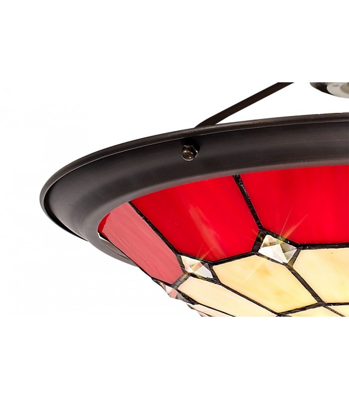 1 Light Ceiling Pendant E27 With 35cm Tiffany Shade, Red, Clear Crystal Centre, Aged Antique Brass Trim, Black - 15