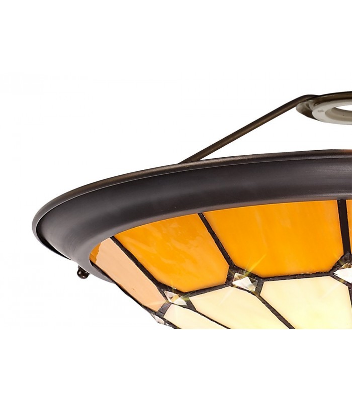 1 Light Ceiling Pendant E27 With 35cm Tiffany Shade, Beige, Clear Crystal Centre, Aged Antique Brass Trim, Black - 15
