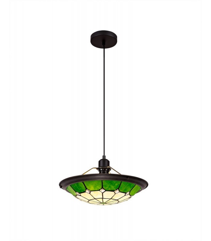 1 Light Ceiling Pendant E27 With 35cm Tiffany Shade, Green, Clear Crystal Centre, Aged Antique Brass Trim, Black - 1