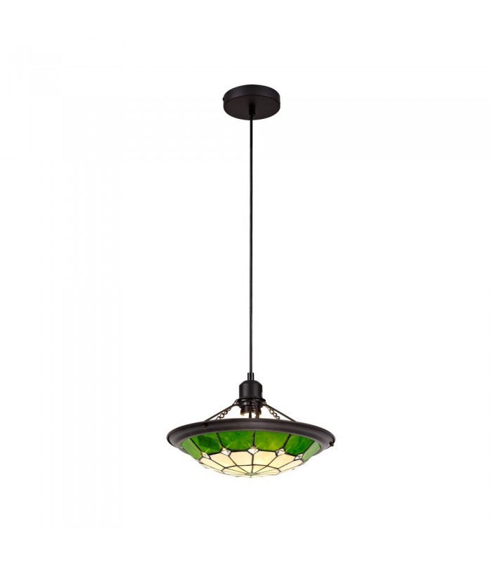 1 Light Ceiling Pendant E27 With 35cm Tiffany Shade, Green, Clear Crystal Centre, Aged Antique Brass Trim, Black - 3