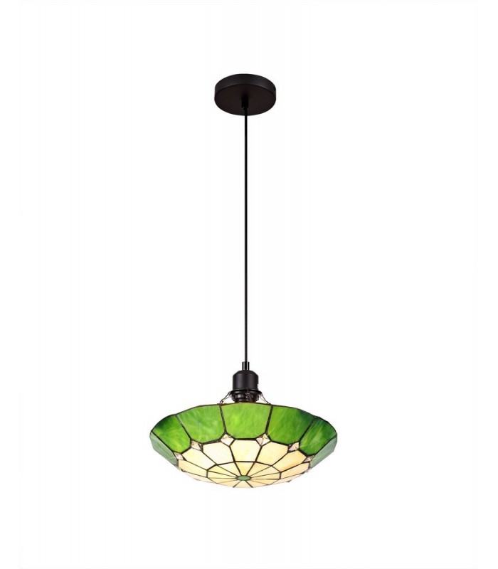 1 Light Ceiling Pendant E27 With 35cm Tiffany Shade, Green, Clear Crystal Centre, Aged Antique Brass Trim, Black - 5