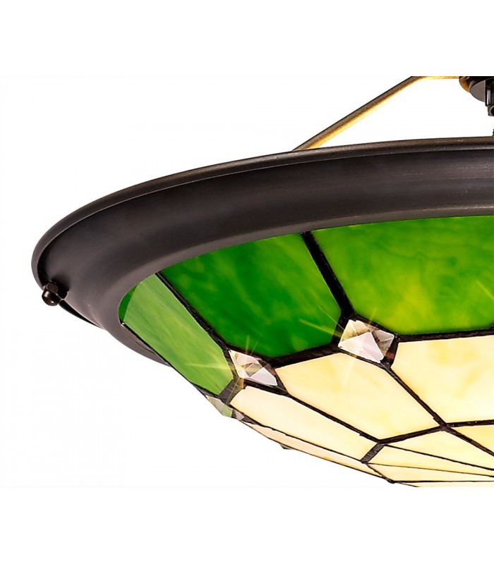 1 Light Ceiling Pendant E27 With 35cm Tiffany Shade, Green, Clear Crystal Centre, Aged Antique Brass Trim, Black - 15