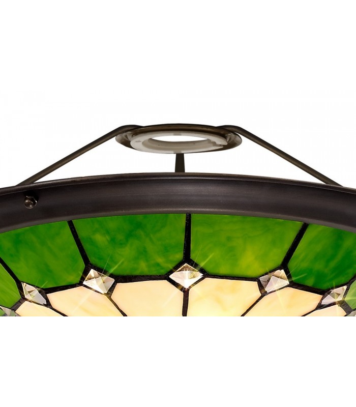 1 Light Ceiling Pendant E27 With 35cm Tiffany Shade, Green, Clear Crystal Centre, Aged Antique Brass Trim, Black - 16