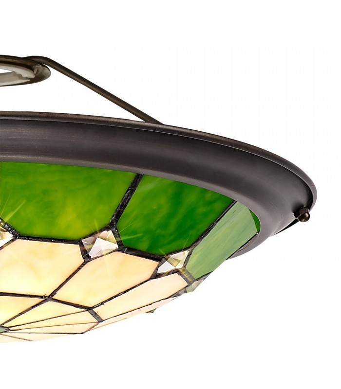 1 Light Ceiling Pendant E27 With 35cm Tiffany Shade, Green, Clear Crystal Centre, Aged Antique Brass Trim, Black - 17