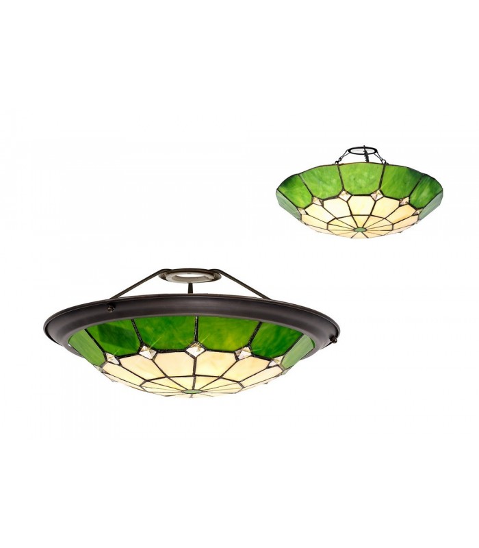 1 Light Ceiling Pendant E27 With 35cm Tiffany Shade, Green, Clear Crystal Centre, Aged Antique Brass Trim, Black - 20
