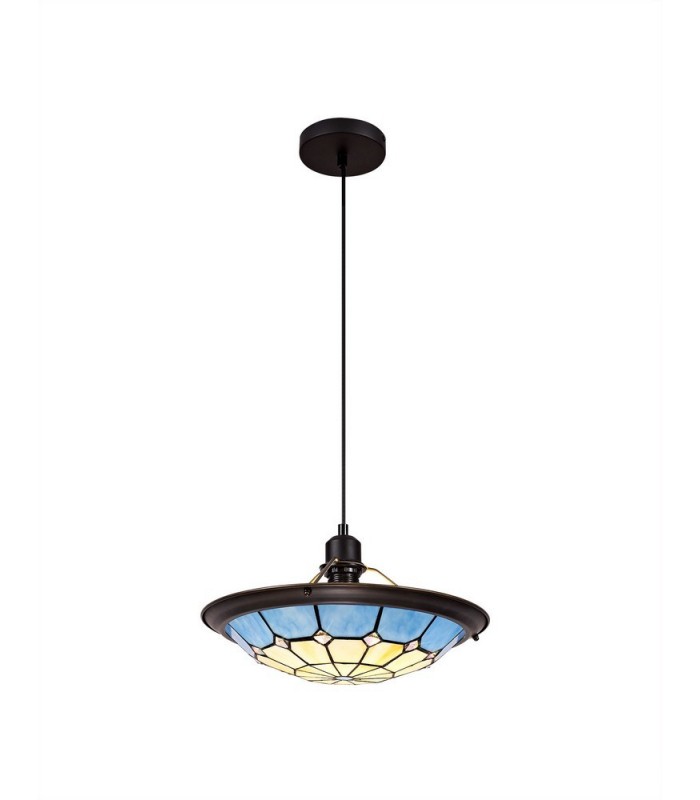 1 Light Ceiling Pendant E27 With 35cm Tiffany Shade, Rich Blue, Clear Crystal Centre, Aged Antique Brass Trim, Black - 1