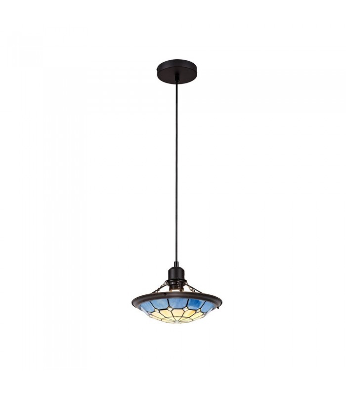 1 Light Ceiling Pendant E27 With 35cm Tiffany Shade, Rich Blue, Clear Crystal Centre, Aged Antique Brass Trim, Black - 3