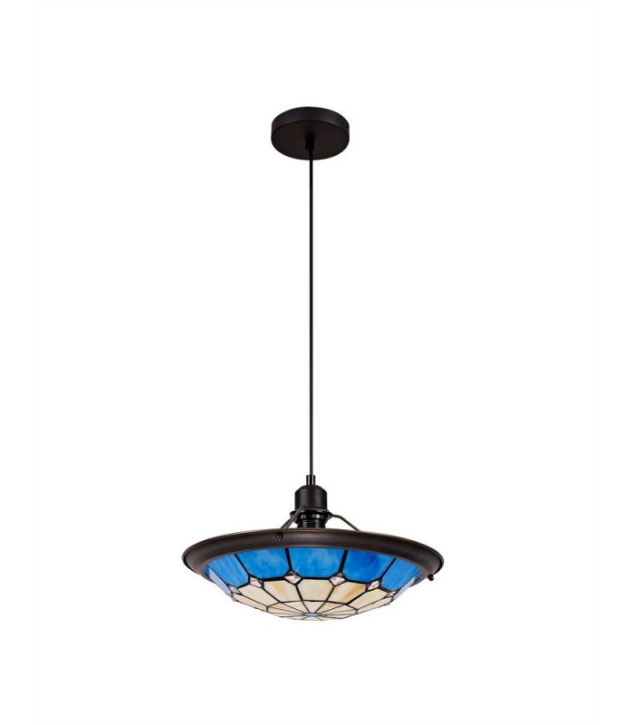 1 Light Ceiling Pendant E27 With 35cm Tiffany Shade, Rich Blue, Clear Crystal Centre, Aged Antique Brass Trim, Black - 4