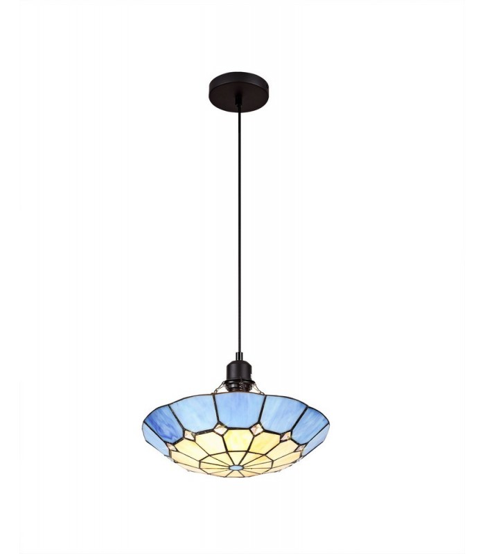 1 Light Ceiling Pendant E27 With 35cm Tiffany Shade, Rich Blue, Clear Crystal Centre, Aged Antique Brass Trim, Black - 5