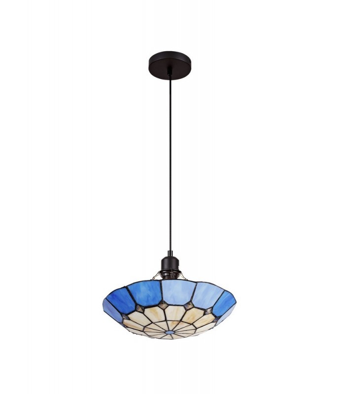 1 Light Ceiling Pendant E27 With 35cm Tiffany Shade, Rich Blue, Clear Crystal Centre, Aged Antique Brass Trim, Black - 6