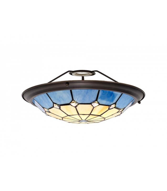 1 Light Ceiling Pendant E27 With 35cm Tiffany Shade, Rich Blue, Clear Crystal Centre, Aged Antique Brass Trim, Black - 11