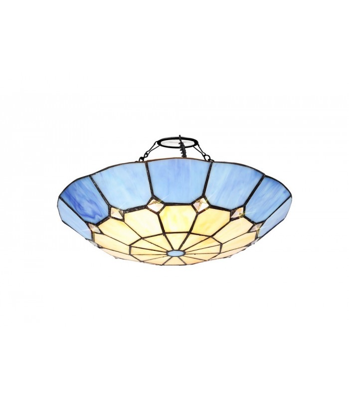 1 Light Ceiling Pendant E27 With 35cm Tiffany Shade, Rich Blue, Clear Crystal Centre, Aged Antique Brass Trim, Black - 12