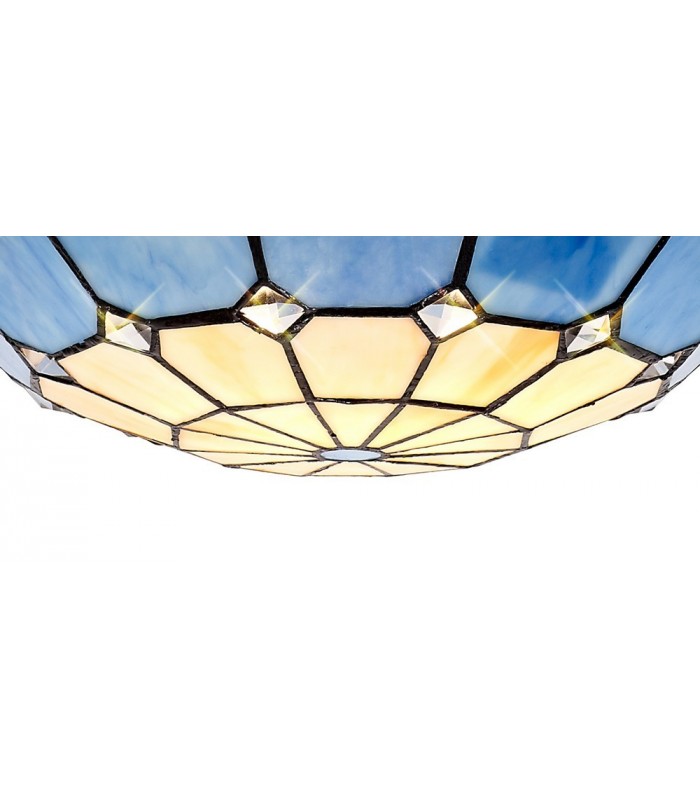 1 Light Ceiling Pendant E27 With 35cm Tiffany Shade, Rich Blue, Clear Crystal Centre, Aged Antique Brass Trim, Black - 14