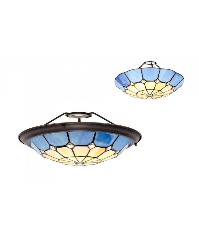 1 Light Ceiling Pendant E27 With 35cm Tiffany Shade, Rich Blue, Clear Crystal Centre, Aged Antique Brass Trim, Black - 15