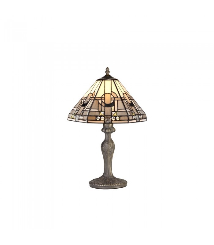 1 Light Curved Table Lamp E27 With 30cm Tiffany Shade, White, Grey, Black, Clear Crystal, Aged Antique Brass - 1