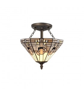 2 Light E27 Semi Flush Ceiling With Tiffany Shade 30cm Shade, White, Grey, Black, Clear Crystal, Aged Antique Brass - 1