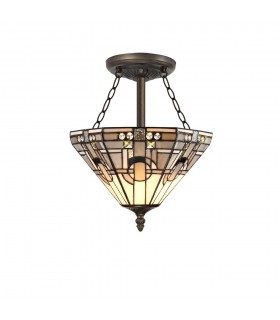 3 Light E27 Semi Flush Ceiling With Tiffany Shade 30cm Shade, White, Grey, Black, Clear Crystal, Aged Antique Brass - 1