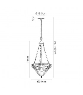 3 Light Uplighter Ceiling Pendant E27 With 30cm Tiffany Shade, White, Grey, Black, Clear Crystal, Aged Antique Brass - 2