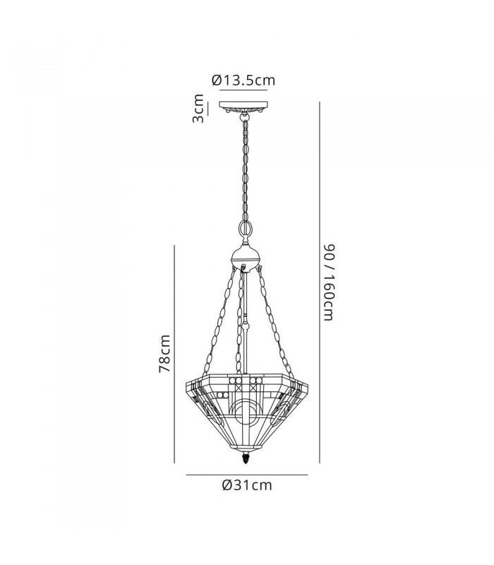 3 Light Uplighter Ceiling Pendant E27 With 30cm Tiffany Shade, White, Grey, Black, Clear Crystal, Aged Antique Brass - 2