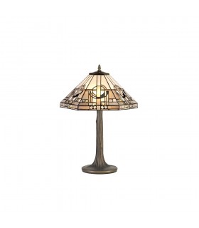 2 Light Tree Like Table Lamp E27 With 40cm Tiffany Shade, White, Grey, Black, Clear Crystal, Aged Antique Brass - 1
