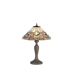 2 Light Curved Table Lamp E27 With 40cm Tiffany Shade, White, Grey, Black, Clear Crystal, Aged Antique Brass - 1