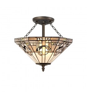 3 Light E27 Semi Flush Ceiling With Tiffany Shade 40cm Shade, White, Grey, Black, Clear Crystal, Aged Antique Brass - 1