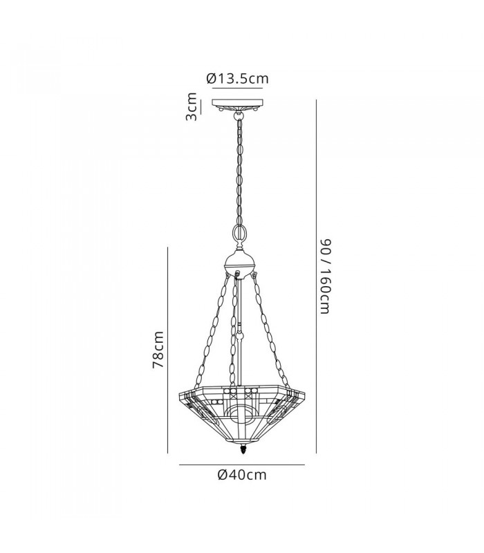3 Light Uplighter Ceiling Pendant E27 With 40cm Tiffany Shade, White, Grey, Black, Clear Crystal, Aged Antique Brass - 2