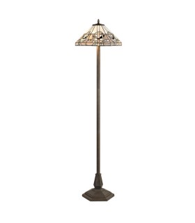 2 Light Octagonal Floor Lamp E27 With 40cm Tiffany Shade, White, Grey, Black, Clear Crystal, Aged Antique Brass - 1