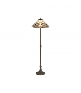 2 Light Leaf Design Floor Lamp E27 With 40cm Tiffany Shade, White, Grey, Black, Clear Crystal, Aged Antique Brass - 1