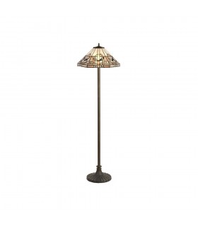 2 Light Stepped Design Floor Lamp E27 With 40cm Tiffany Shade, White, Grey, Black, Clear Crystal, Aged Antique Brass - 1