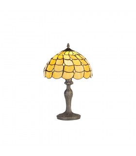 1 Light Curved Table Lamp E27 With 30cm Tiffany Shade, Beige, Clear Crystal, Aged Antique Brass - 1