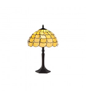 1 Light Octagonal Table Lamp E27 With 30cm Tiffany Shade, Beige, Clear Crystal, Aged Antique Brass - 1