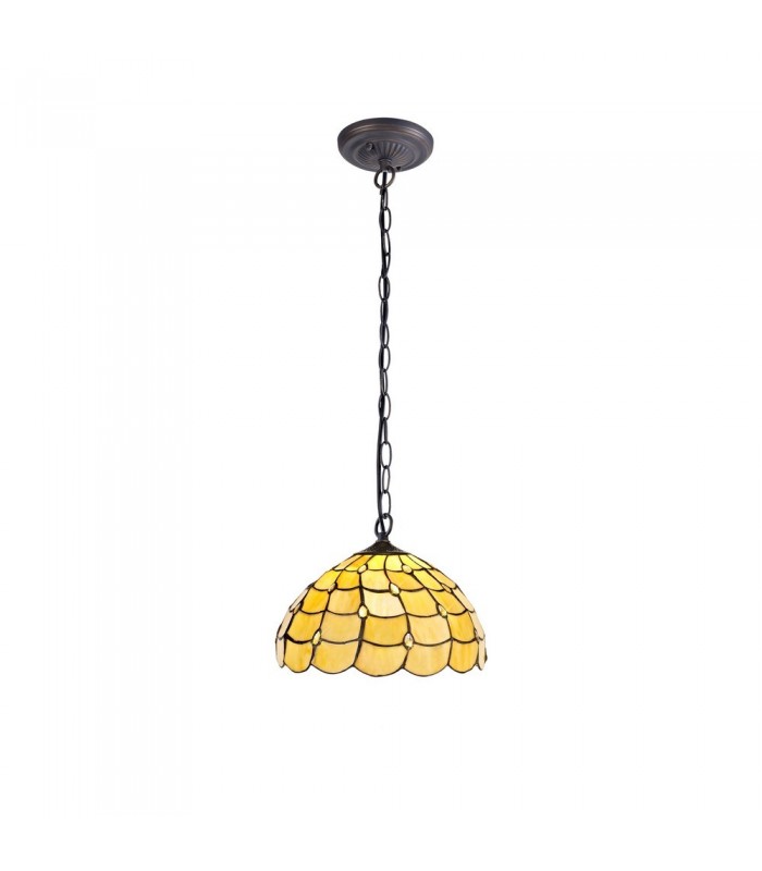 1 Light Downlighter Ceiling Pendant E27 With 30cm Tiffany Shade, Beige, Clear Crystal, Aged Antique Brass - 1