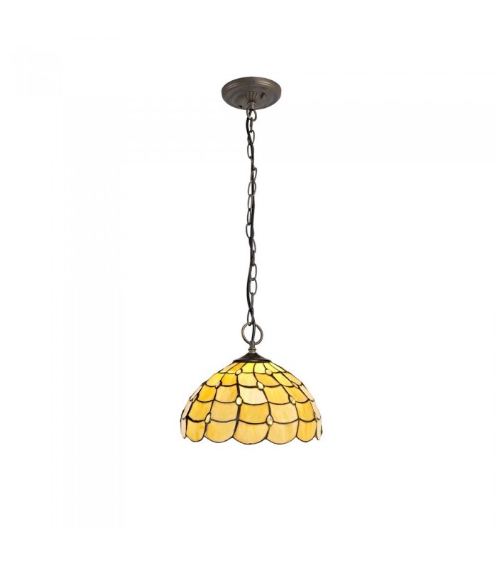 3 Light Downlighter Ceiling Pendant E27 With 30cm Tiffany Shade, Beige, Clear Crystal, Aged Antique Brass - 1