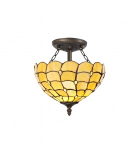 2 Light Semi Flush Ceiling E27 With 30cm Tiffany Shade, Beige, Clear Crystal, Aged Antique Brass - 1