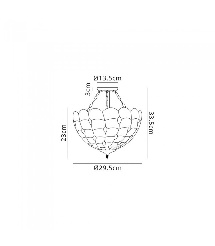 2 Light Semi Flush Ceiling E27 With 30cm Tiffany Shade, Beige, Clear Crystal, Aged Antique Brass - 2