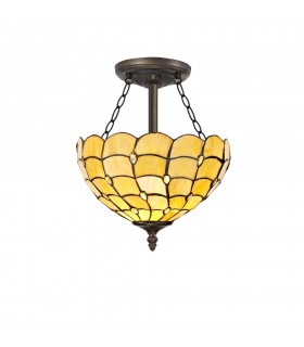 3 Light Semi Flush Ceiling E27 With 30cm Tiffany Shade, Beige, Clear Crystal, Aged Antique Brass - 1