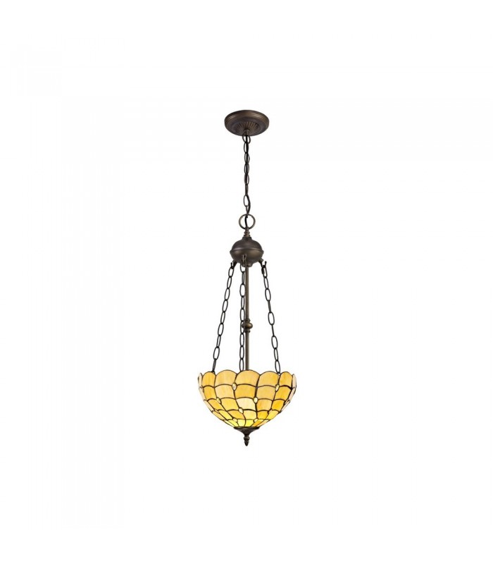 2 Light Uplighter Ceiling Pendant E27 With 30cm Tiffany Shade, Beige, Clear Crystal, Aged Antique Brass - 1