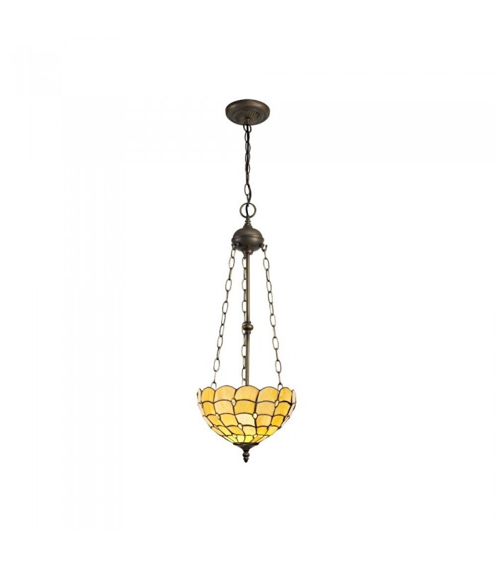 3 Light Uplighter Ceiling Pendant E27 With 30cm Tiffany Shade, Beige, Clear Crystal, Aged Antique Brass - 1