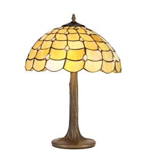 2 Light Tree Like Table Lamp E27 With 40cm Tiffany Shade, Beige, Clear Crystal, Aged Antique Brass - 1