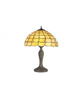 2 Light Curved Table Lamp E27 With 40cm Tiffany Shade, Beige, Clear Crystal, Aged Antique Brass - 1