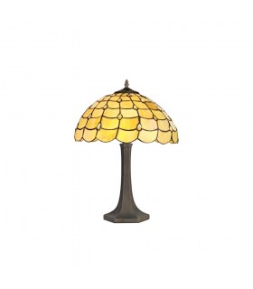 2 Light Octagonal Table Lamp E27 With 40cm Tiffany Shade, Beige, Clear Crystal, Aged Antique Brass - 1