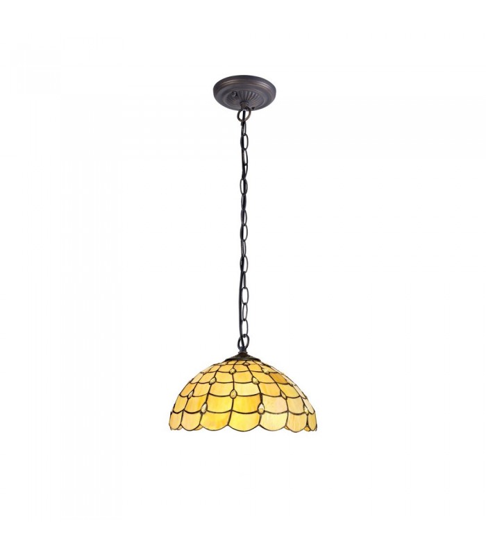 1 Light Downlighter Ceiling Pendant E27 With 40cm Tiffany Shade, Beige, Clear Crystal, Aged Antique Brass - 1