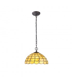 2 Light Downlighter Ceiling Pendant E27 With 40cm Tiffany Shade, Beige, Clear Crystal, Aged Antique Brass - 1
